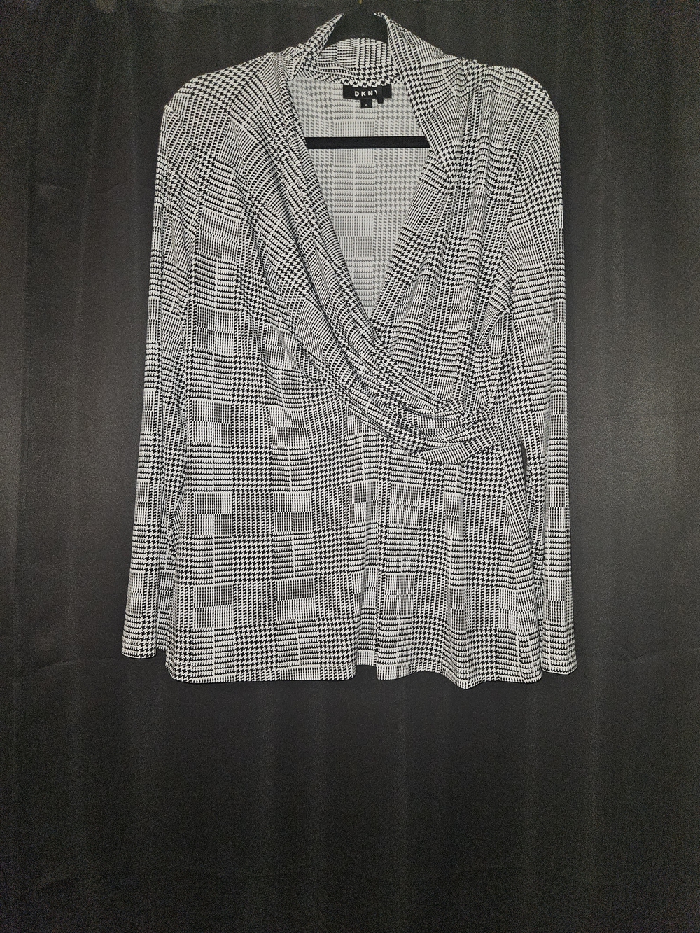 DKNY Houndstooth Faux Wrap Top Blouse XL Black White